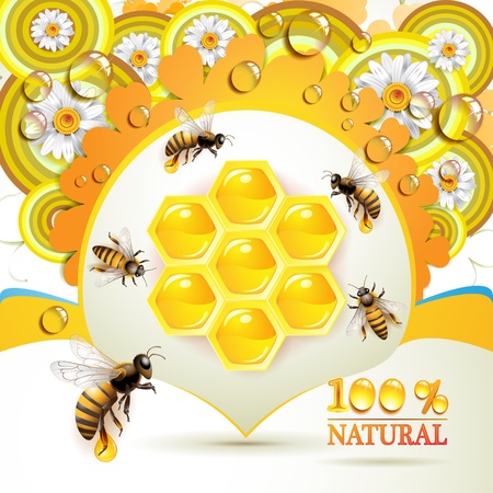Bees and honeycombs over floral background with drops のイラスト素材