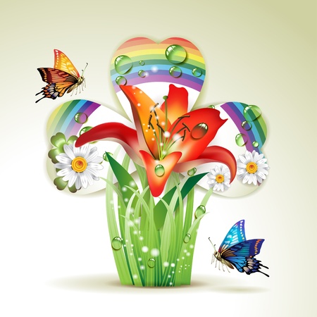 Lily and clover with drops of water and butterfliesのイラスト素材