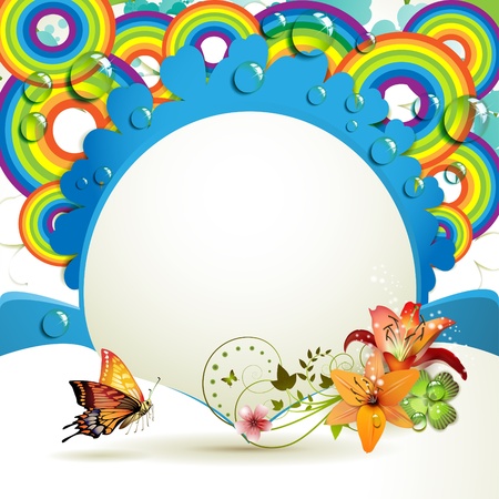 Background with lilies, butterfly and drops of water over rainbow のイラスト素材