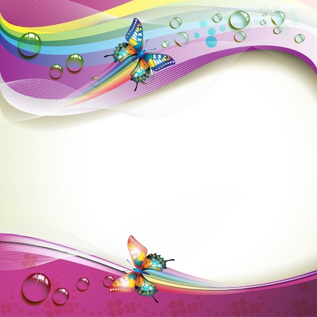 Background with butterflies and drops of water over rainbowのイラスト素材