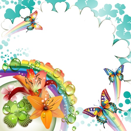 Background with lilies, butterflies and drops of water over rainbow のイラスト素材