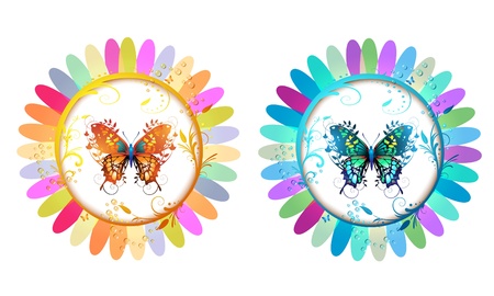 Two colored flowers with butterflies のイラスト素材