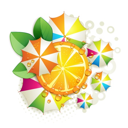 Slice orange with leaf and colored umbrellasのイラスト素材
