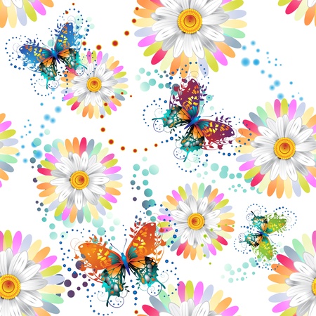 Seamless pattern with colored butterflies and flowers のイラスト素材