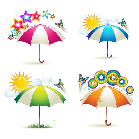 Colored umbrellas with stars, circles, sun and butterflies over white background のイラスト素材