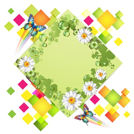 Abstract green background with butterflies and flowersのイラスト素材