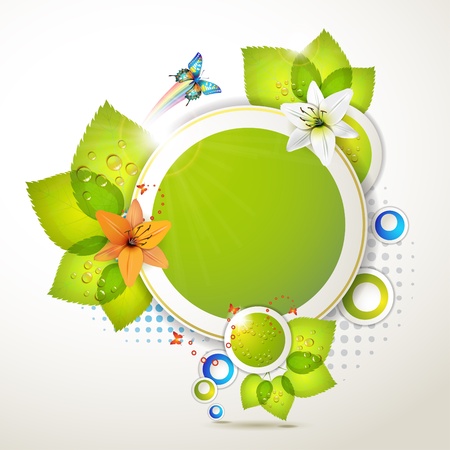 Banner design with leaf, flowers and butterfliesのイラスト素材