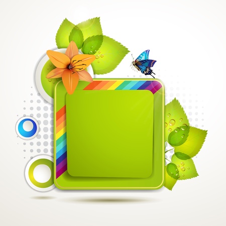 Green banner design with leaf, flower and butterfly のイラスト素材