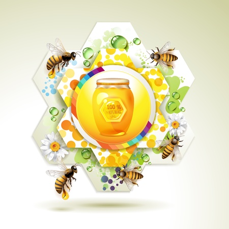Glass jar with bee and honeycomb over floral backgroundのイラスト素材