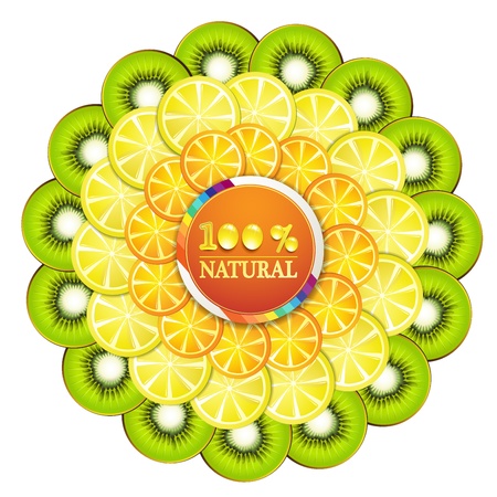 Frame with slice of orange, kiwi, and lemon with percentage quality のイラスト素材