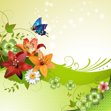 Springtime background with flowers and butterfliesのイラスト素材