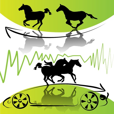 Running horses on green background and stylized car のイラスト素材
