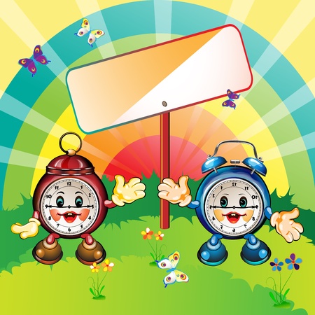 Cute and happy cartoon clocks, park outdoor, card illustration のイラスト素材