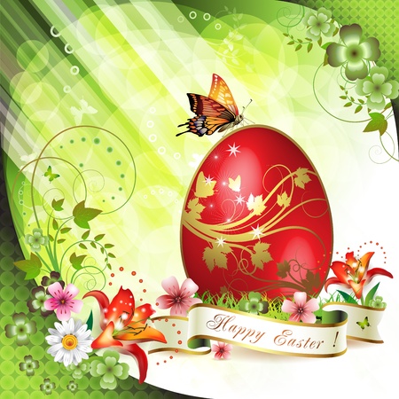 Easter card with butterflies and decorated egg on grassのイラスト素材