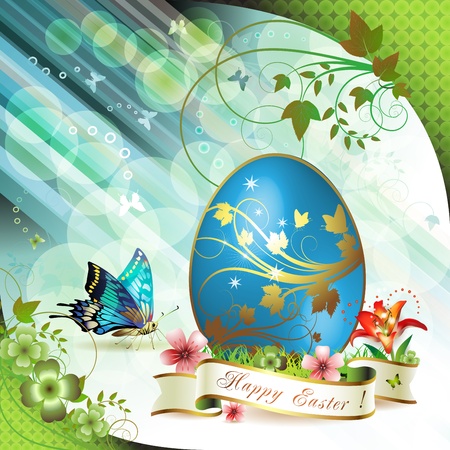 Easter card with butterflies and decorated egg on grassのイラスト素材