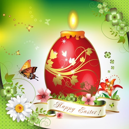 Easter card with butterflies, candle and decorated egg on grassのイラスト素材