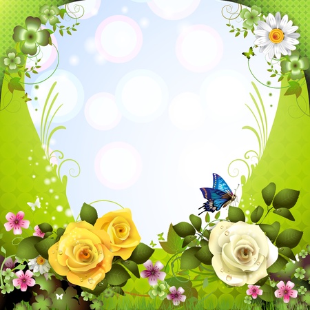 Springtime background with flowers and butterflies のイラスト素材