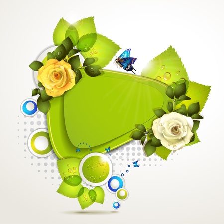 Green banner design with leaf, roses and butterflies のイラスト素材