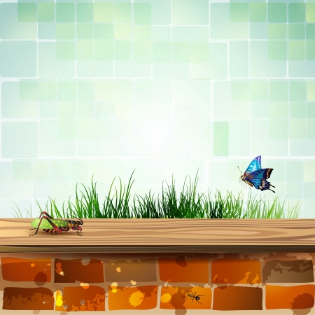 Landscape with brick wall and insectsのイラスト素材