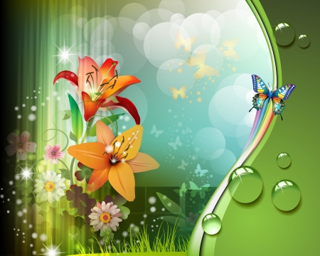 Background with lilies and butterfliesのイラスト素材