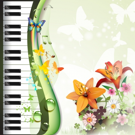 Piano keys with lilies and butterflies のイラスト素材