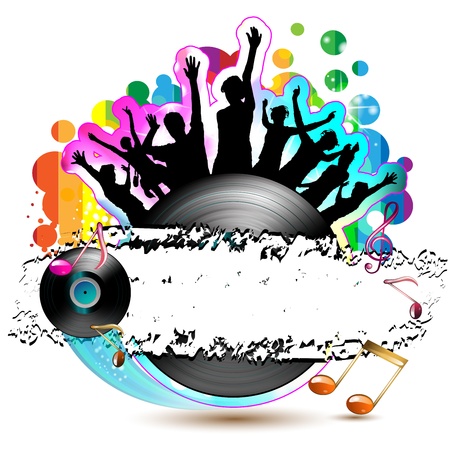 Dancing silhouettes with disco lights over white のイラスト素材