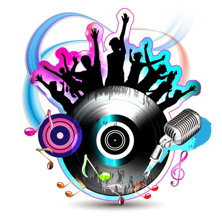 Dancing silhouettes with disco lights and music notesのイラスト素材