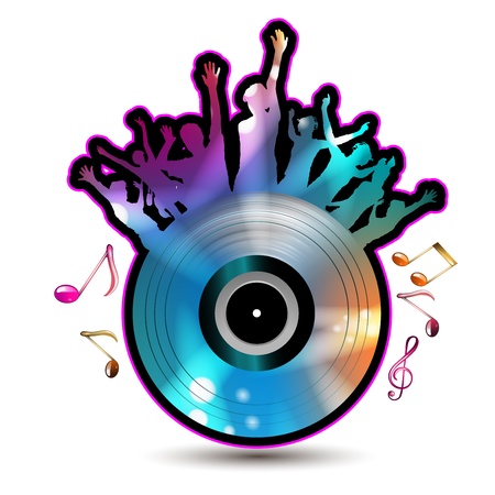 Dancing silhouettes with disco lights and music notesのイラスト素材