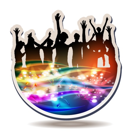 Dancing silhouettes with disco lights and music notesのイラスト素材