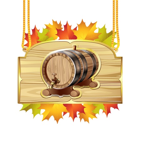 Wood barrel for wine with autumn colorful leavesのイラスト素材