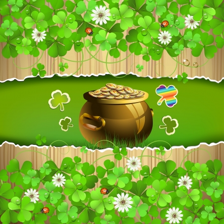 Wood background with clover and pot with coinsのイラスト素材