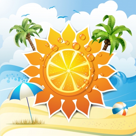 Solar shape design with orange fruit and palm trees in summer beach のイラスト素材