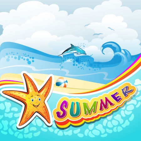 Summer beach with starfish and dolphinのイラスト素材