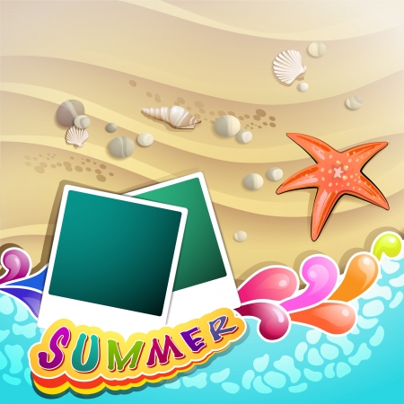 Summer beach with starfish, photos and sea shells のイラスト素材
