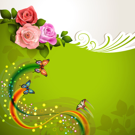 Green background with roses and butterfliesのイラスト素材