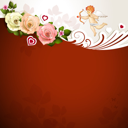 Valentine s day card with roses, hearts and cupidのイラスト素材