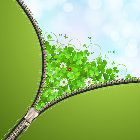 Opened metallic zipper over clover background 