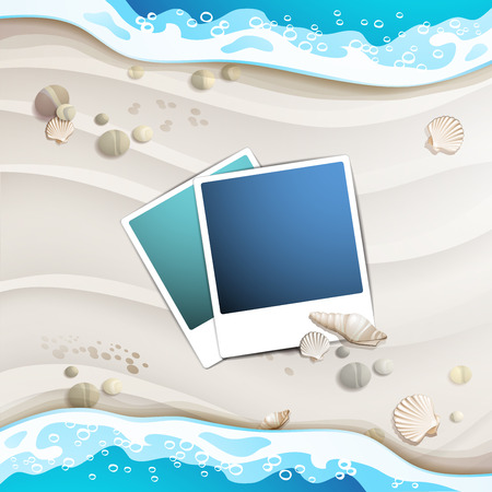 Summer beach with photos and sea shells のイラスト素材