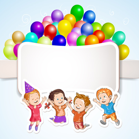 Kids with balloons over banner のイラスト素材