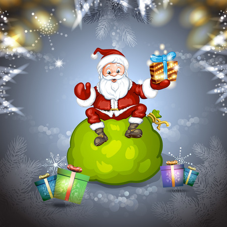 Cartoon Santa Claus smiling and sitting on bagのイラスト素材
