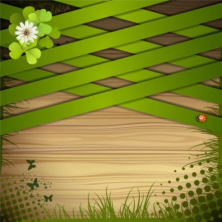 Wood background with clover and green stripsのイラスト素材