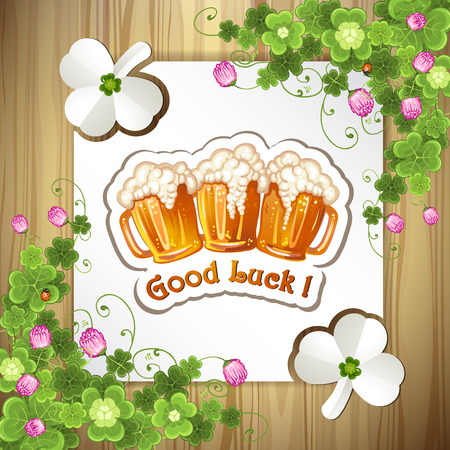 Wood background with clover and beer mugsのイラスト素材