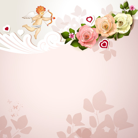 Valentine s day card with roses, hearts and cupidのイラスト素材