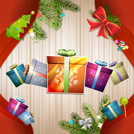 Christmas gift with bow, ball and pine treeのイラスト素材