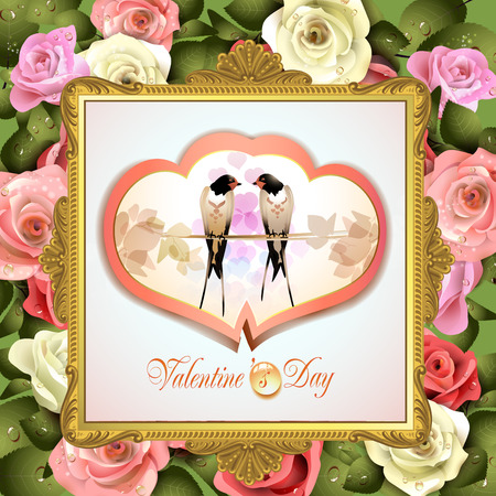 Valentine's day frame with two swallowsのイラスト素材