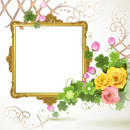 Golden frame with roses on white backgroundのイラスト素材