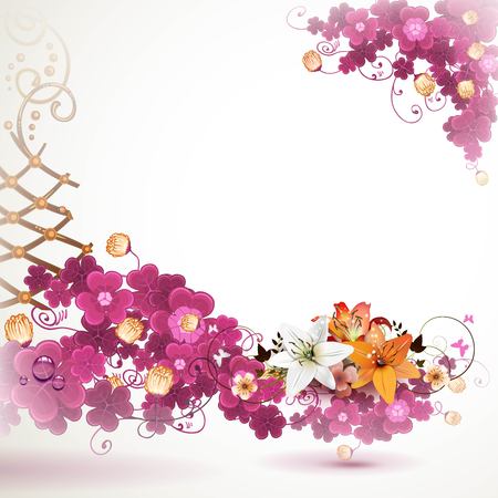 Background with lilies and violet cloverのイラスト素材