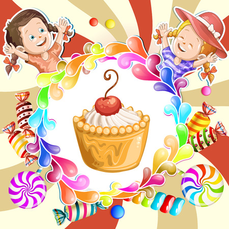 Illustration of kids with cake and candiesのイラスト素材