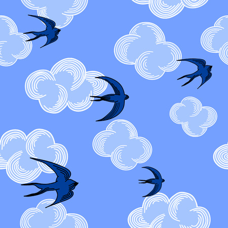 Blue sky seamless pattern with seagulls and clouds. Vector illustration.のイラスト素材