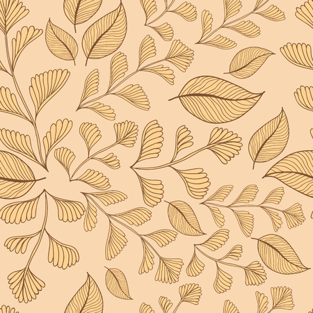 Beige leaves branches seamless pattern background. Vector illustration.のイラスト素材